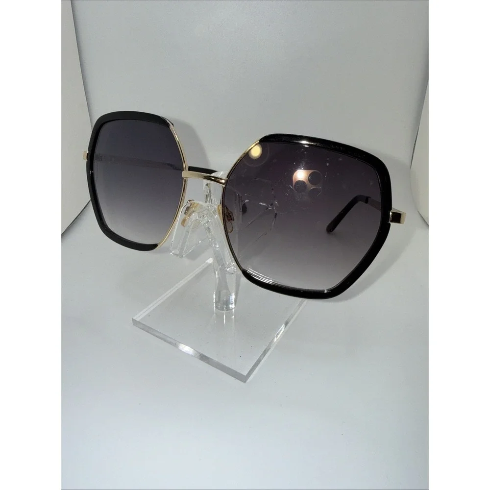 Nanette Lepore Sunglasses Black Tint Hexagon Frames + Gold Hard Case Design